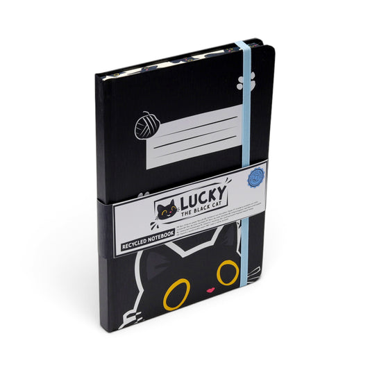 Lucky the Black Cat A5 Notebook – Cute Kawaii Cat Hardback Lined Journal with Recycled Paper & Elastic Closure