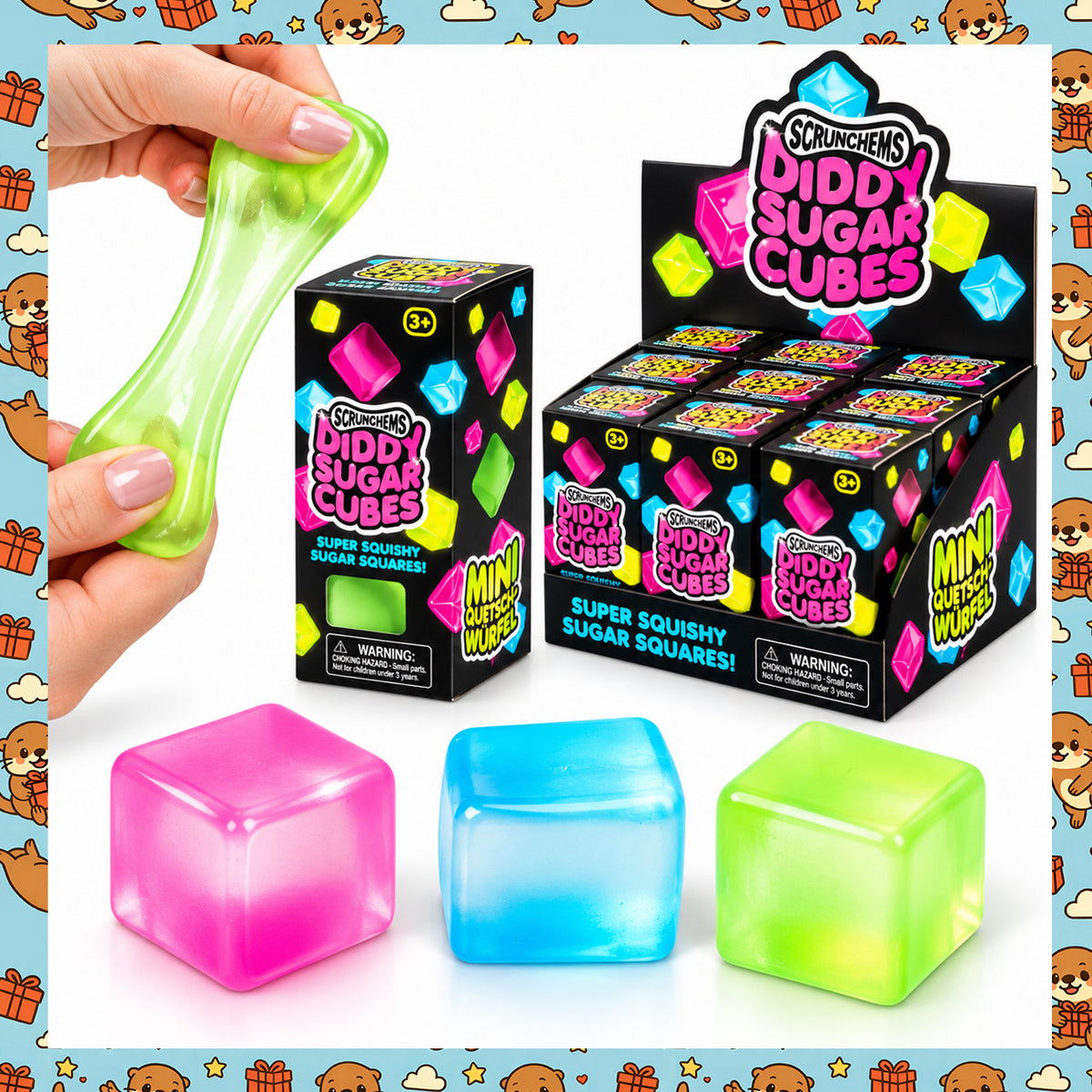 Scrunchems Diddy Sugar Cubes 3-Pack – Stretchy Jelly Mini Cube Stress Balls & Sensory Fidget Toys – Pink, Blue & Green