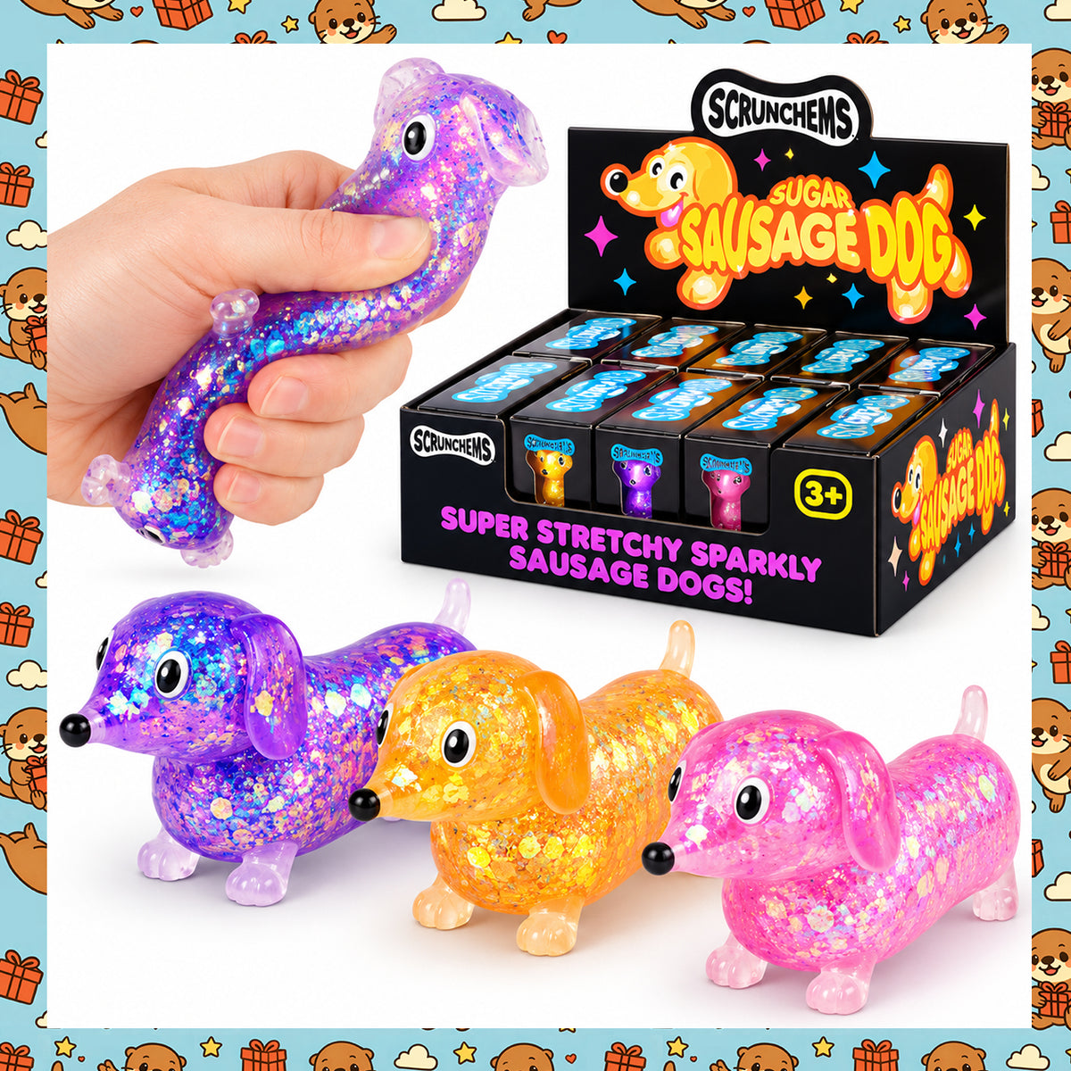 Scrunchems Sugar Sausage Dog Squishy Toy – Glitter Dachshund Stretchy Stress Ball & Sensory Fidget Toy – Purple, Orange, Blue & Pink