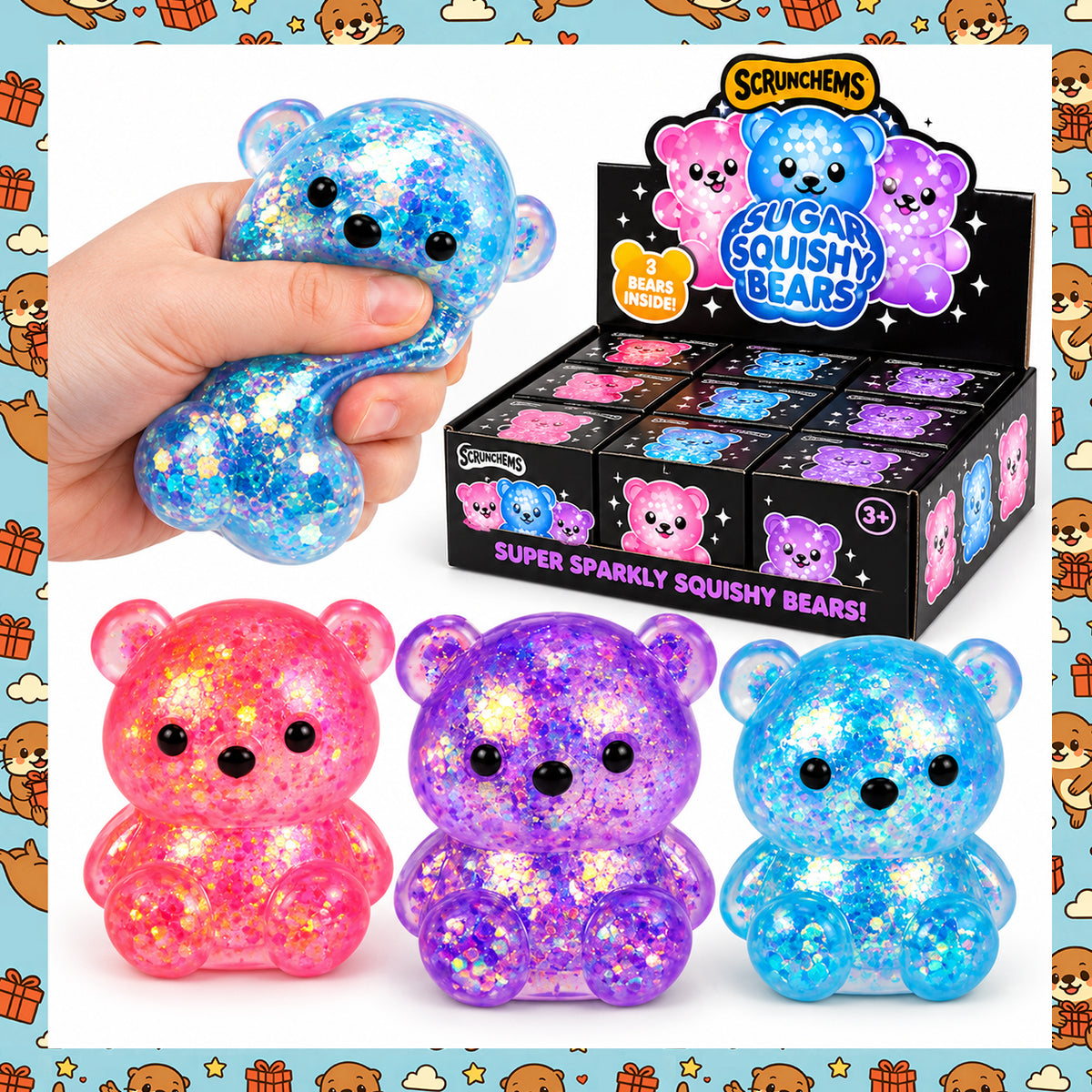 Scrunchems Sugar Squishy Bears 3-Pack – Glitter Bear Stretchy Stress Balls & Sensory Fidget Toys – Pink, Blue & Purple