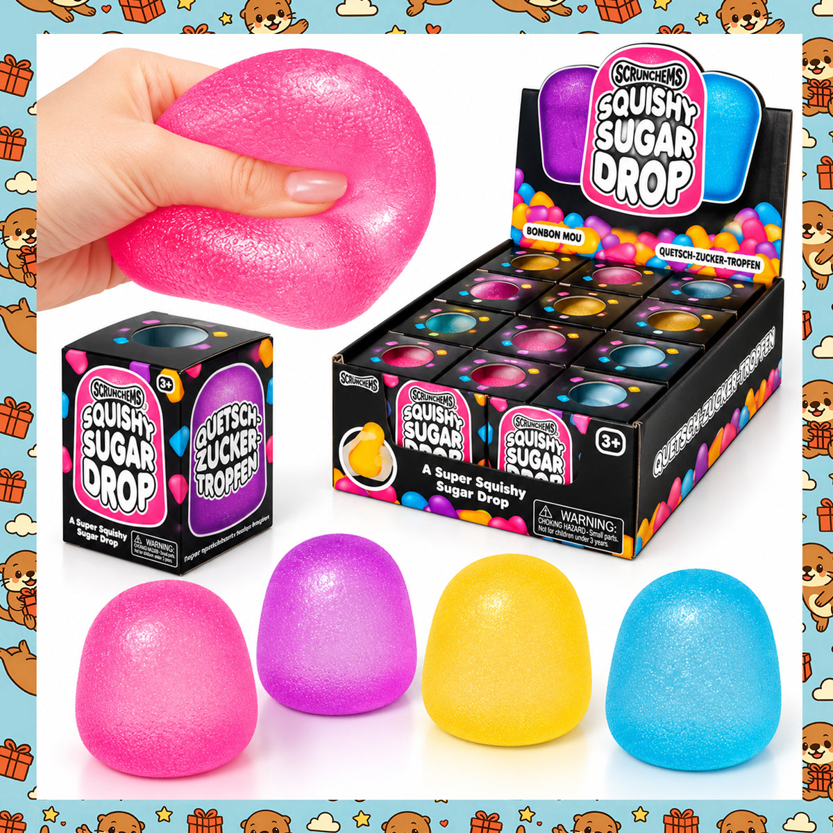 Scrunchems Squishy Sugar Drop Toy – Super Soft Squeezable Stress Ball & Sensory Fidget Toy – Pink, Purple, Yellow & Blue