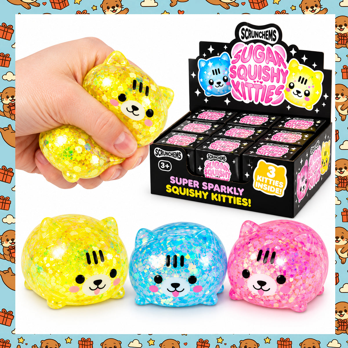 Scrunchems Sugar Squishy Kitties 3-Pack – Glitter Cat Kitten Stretchy Stress Balls & Sensory Fidget Toys – Yellow, Blue & Pink