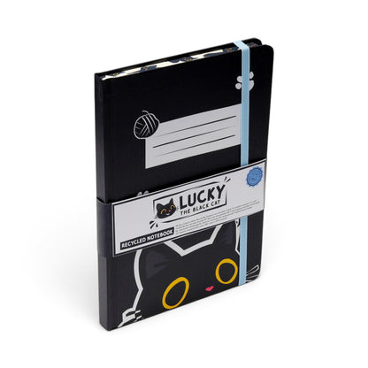 Lucky the Black Cat A5 Notebook – Cute Kawaii Cat Hardback Lined Journal with Recycled Paper & Elastic Closure