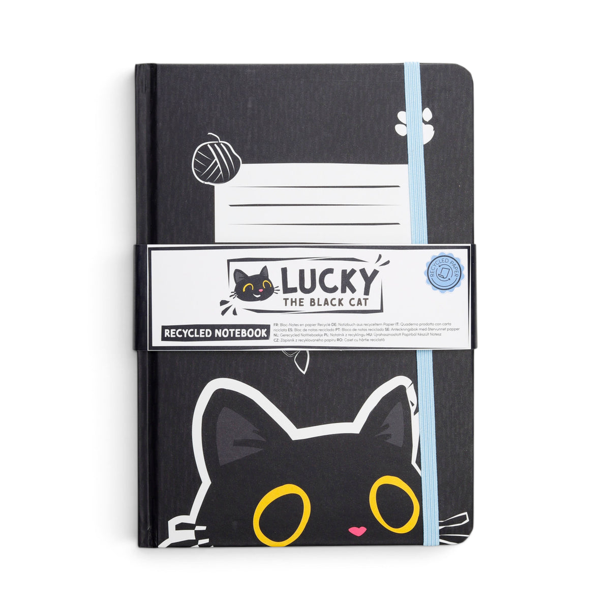 Lucky the Black Cat A5 Notebook – Cute Kawaii Cat Hardback Lined Journal with Recycled Paper & Elastic Closure
