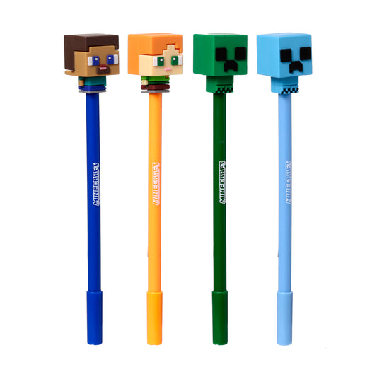 Minecraft Chibi Erasable Pen – Steve, Alex, Creeper & Charged Creeper Character Pens with Silicone Toppers – Blue Ink Gaming Stationery