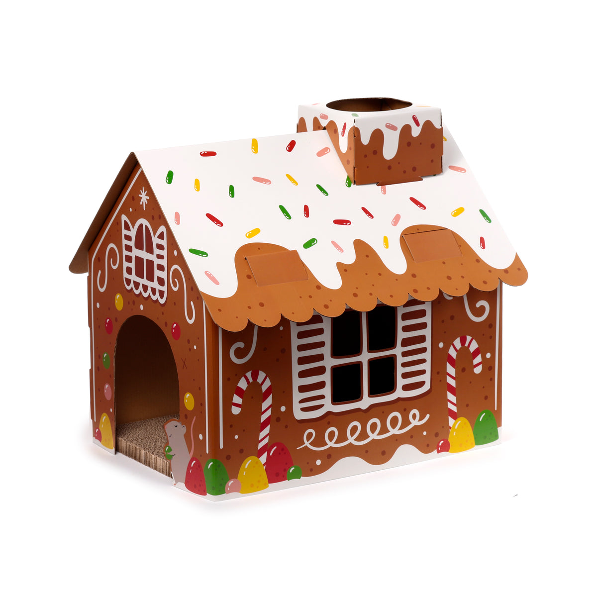 Gingerbread Christmas Cat House with Scratching Mat – Cardboard Cat Playhouse, Den & Hideaway