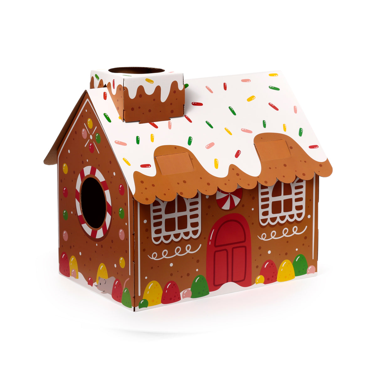 Gingerbread Christmas Cat House with Scratching Mat – Cardboard Cat Playhouse, Den & Hideaway
