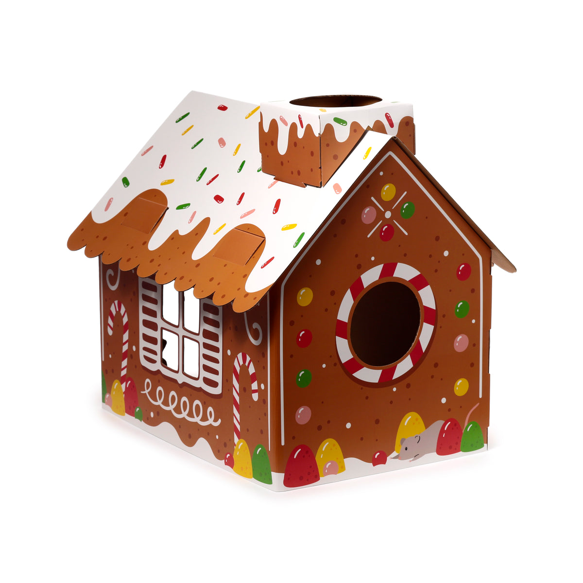 Gingerbread Christmas Cat House with Scratching Mat – Cardboard Cat Playhouse, Den & Hideaway