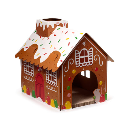 Gingerbread Christmas Cat House with Scratching Mat – Cardboard Cat Playhouse, Den & Hideaway
