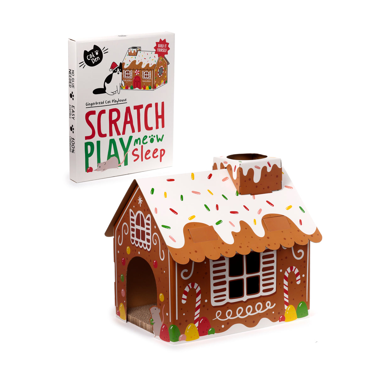Gingerbread Christmas Cat House with Scratching Mat – Cardboard Cat Playhouse, Den & Hideaway
