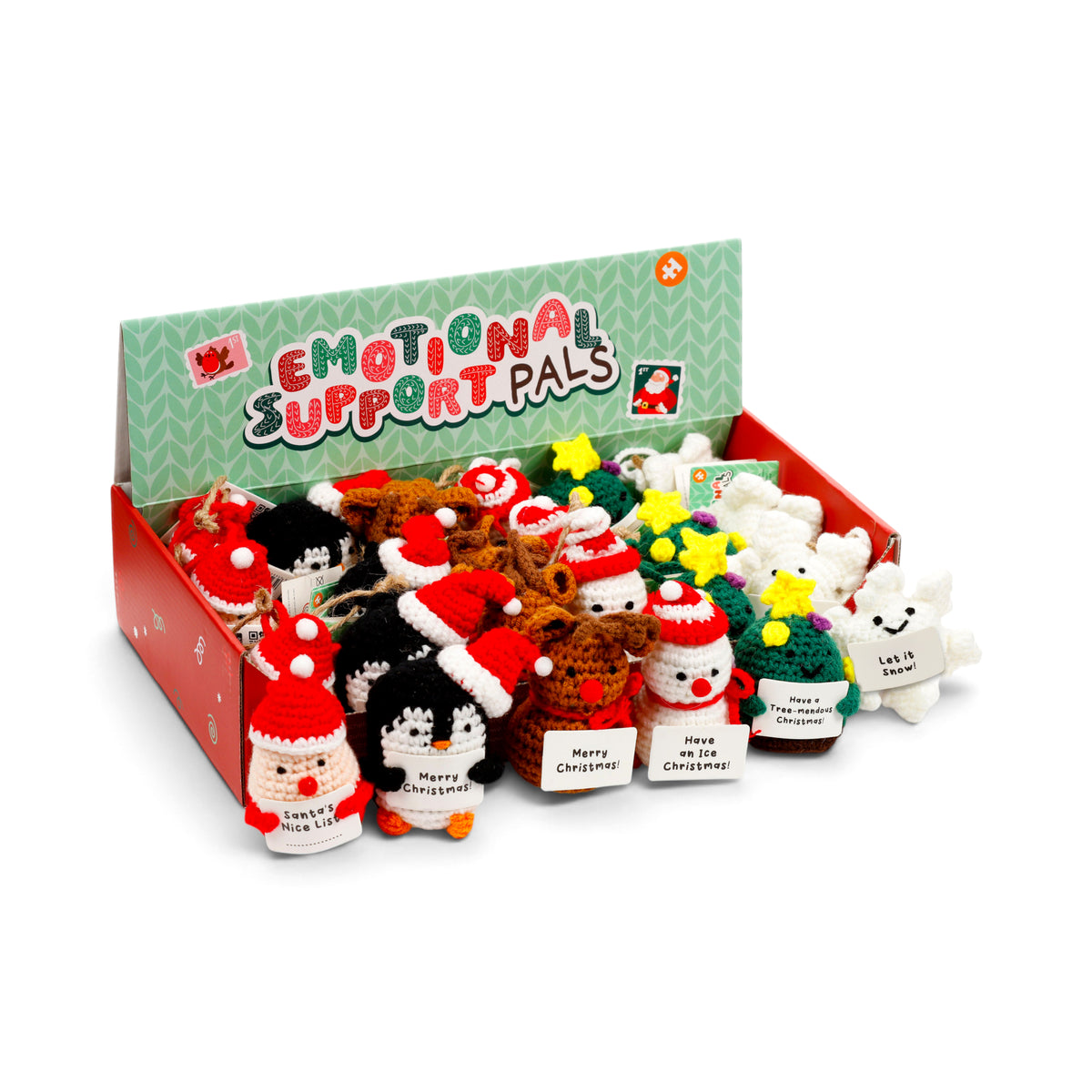 Christmas Emotional Support Crochet Pals – Cute Knitted Festive Mini Plush Toys with Positive Messages – Santa, Reindeer, Penguin, Snowman & Christmas Tree