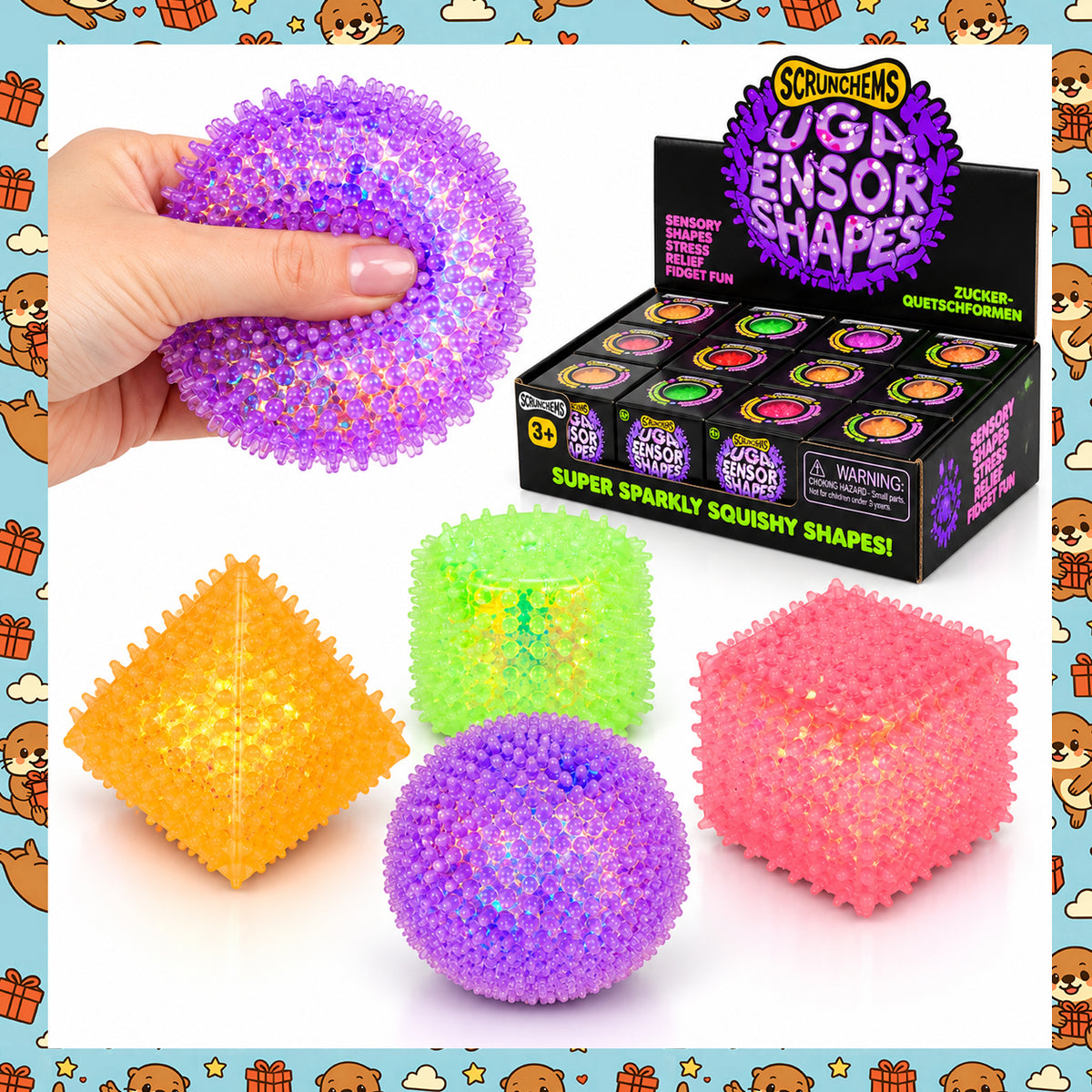 Scrunchems Sensory Sugar Shapes – Glitter Spiky Squishy Stress Ball & Textured Fidget Toy – Cube, Sphere, Pyramid & Cylinder