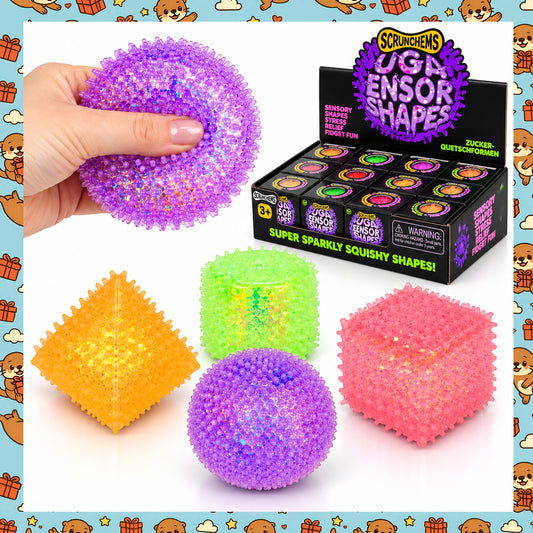 Scrunchems Sensory Sugar Shapes – Glitter Spiky Squishy Stress Ball & Textured Fidget Toy – Cube, Sphere, Pyramid & Cylinder