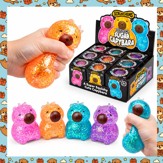 Scrunchems Sugar Capybara Squishy Toy – Glittery Capybara Stretchy Stress Ball & Sensory Fidget Toy – Pink, Orange, Blue & Purple