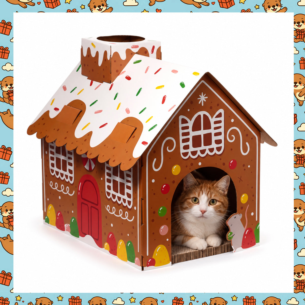 Gingerbread Christmas Cat House with Scratching Mat – Cardboard Cat Playhouse, Den & Hideaway