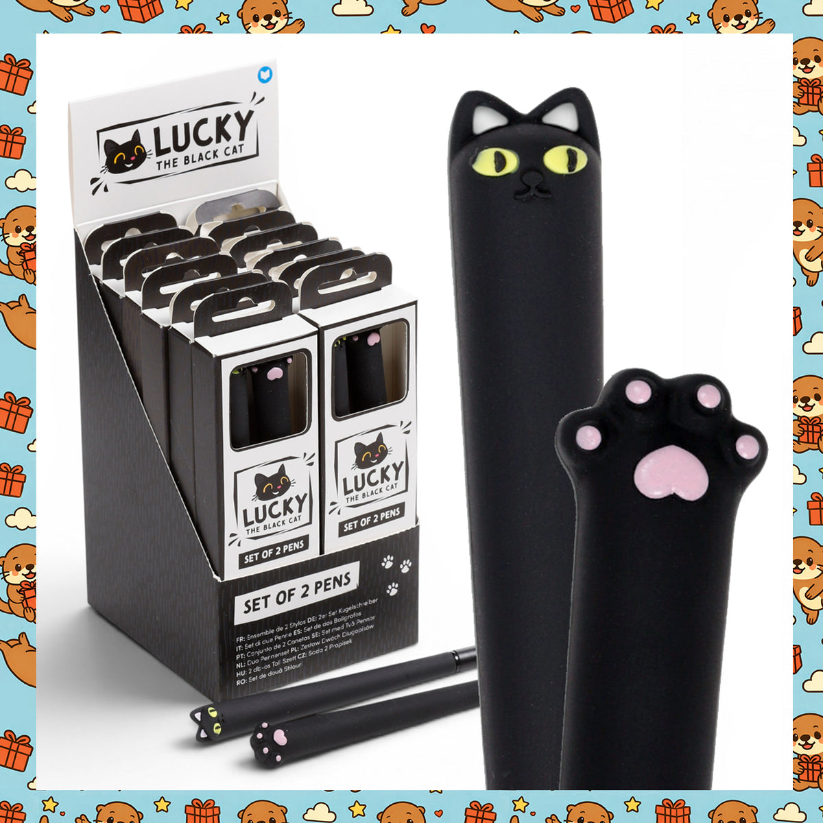 Lucky the Black Cat Fine Tip Pens – Set of 2 Cute Black Cat Writing Pens – Novelty Cat Stationery Gift