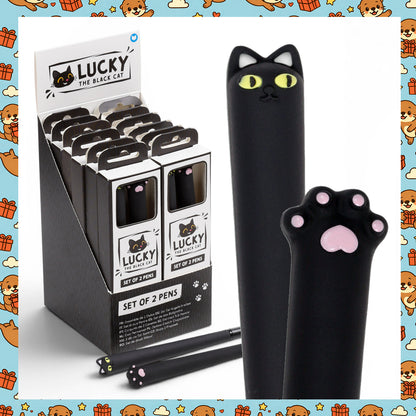 Lucky the Black Cat Fine Tip Pens – Set of 2 Cute Black Cat Writing Pens – Novelty Cat Stationery Gift