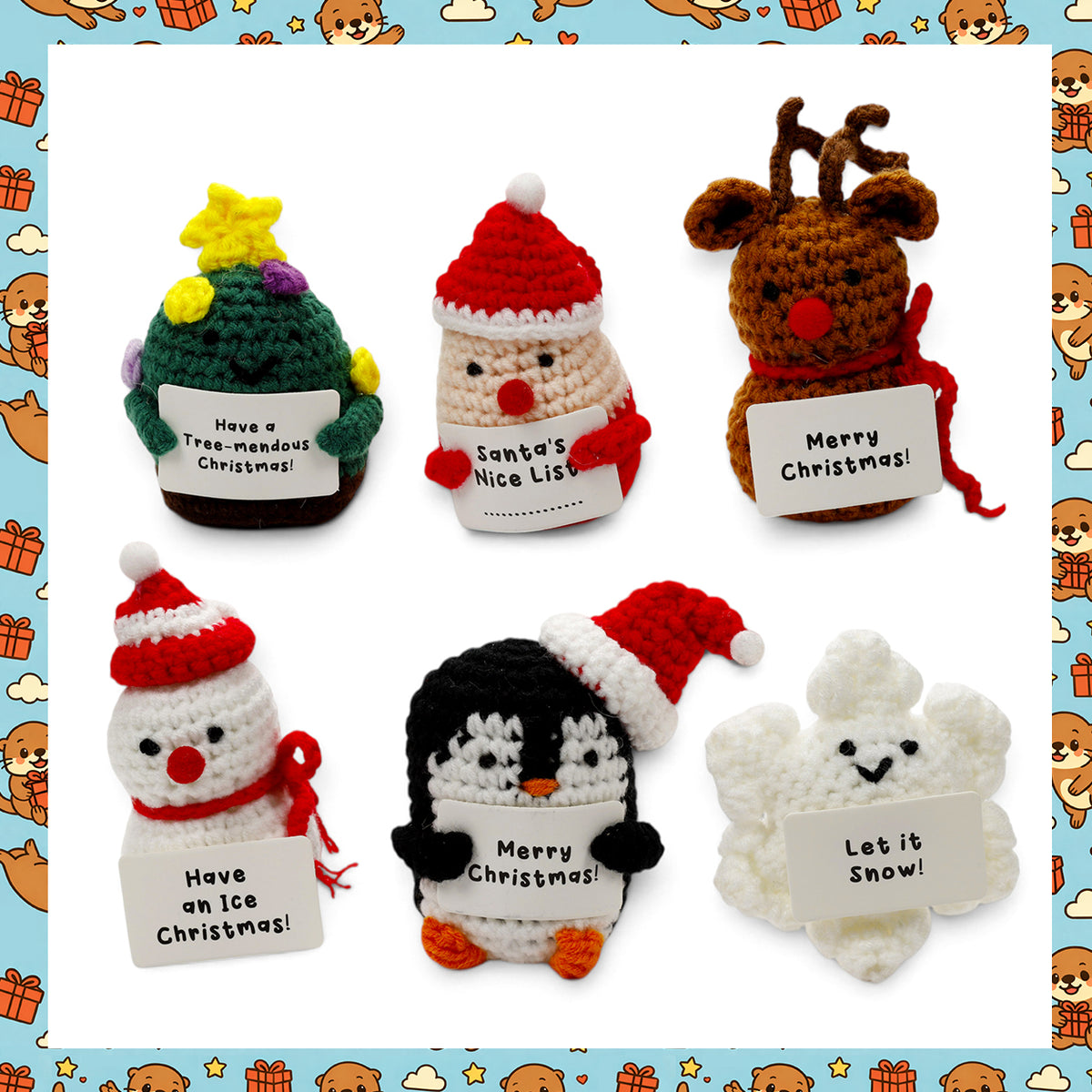 Christmas Emotional Support Crochet Pals – Cute Knitted Festive Mini Plush Toys with Positive Messages – Santa, Reindeer, Penguin, Snowman & Christmas Tree