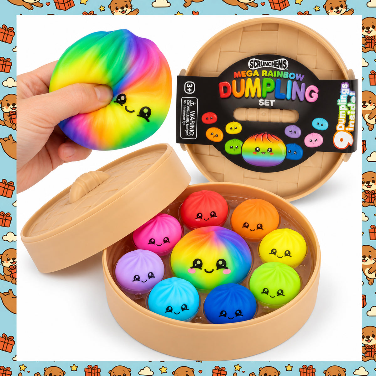 Scrunchems Mega Rainbow Dumpling Set – 9 Squishy Toys with Sugar, Foam, Gel & Air Fillings