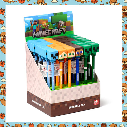 Minecraft Chibi Erasable Pen – Steve, Alex, Creeper & Charged Creeper Character Pens with Silicone Toppers – Blue Ink Gaming Stationery