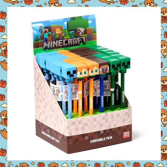 Minecraft Chibi Erasable Pen – Steve, Alex, Creeper & Charged Creeper Character Pens with Silicone Toppers – Blue Ink Gaming Stationery