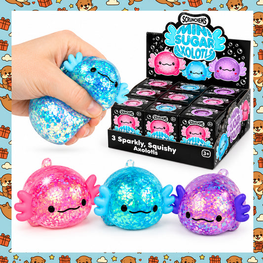 Scrunchems Mini Sugar Axolotls 3-Pack – Glitter Axolotl Stretchy Squishy Stress Balls & Sensory Fidget Toys – Pink, Blue & Purple