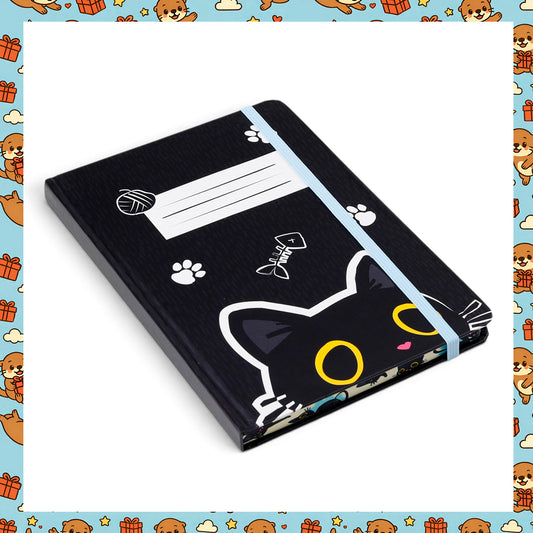 Lucky the Black Cat A5 Notebook – Cute Kawaii Cat Hardback Lined Journal with Recycled Paper & Elastic Closure