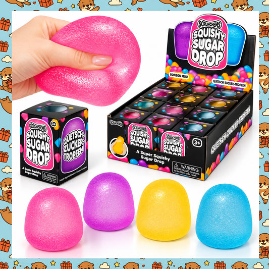 Scrunchems Squishy Sugar Drop Toy – Super Soft Squeezable Stress Ball & Sensory Fidget Toy – Pink, Purple, Yellow & Blue